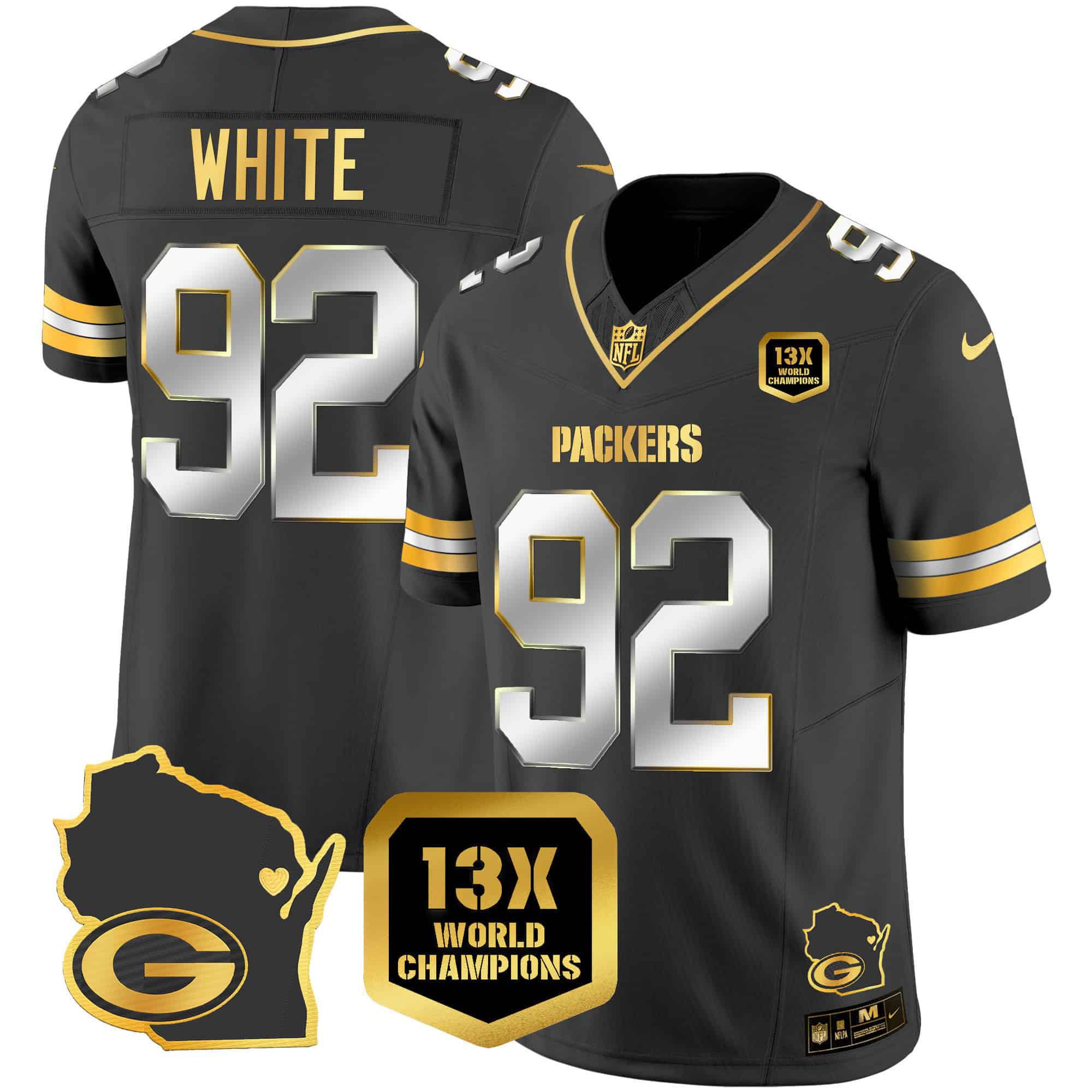 Men Green Bay Packers #92 White Black Gold 2024 Nike World Champions Home Patch Vapor NFL Jersey style 1